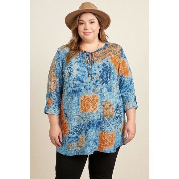 Catherines Tunic 18/20WP Mesh Abstract Lined Shark Bite Hem 3/4 Sleeves Boho - Picture 1 of 14